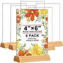 Acrylic Sign Holder 4 x 6 - Wedding Table Number Holder with Wood Base, Double Sided Picture Frames, 6Pack Clear Table Menu Display Stand for Centerpiece,Decoration,Party,Restaurants Office Store