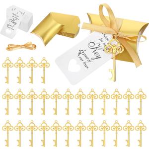 100 Sets Vintage Key Bottle Opener Wedding Favors, Wedding Party Souvenir Gift for Guests with Thank You Tag Card Pillow Candy Box and Satin Ribbon (Gold)