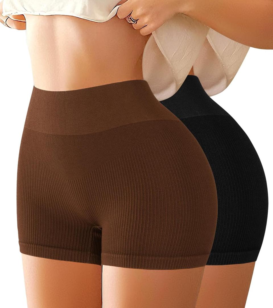 High Waisted Slip Shorts for Under Dress Womens Tummy Control Seamless Boyshorts Panties Gym Running Ribbed Boyshorts (Medium, A Multicolored, 2 Pack)