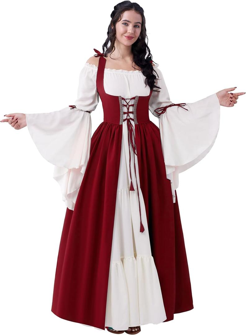 Spooktacular Creations Halloween Renaissance Costume Women, Renaissance Corset Dress, Plus Size Medieval Chemise for Cosplay (X-Large, Burgundy)