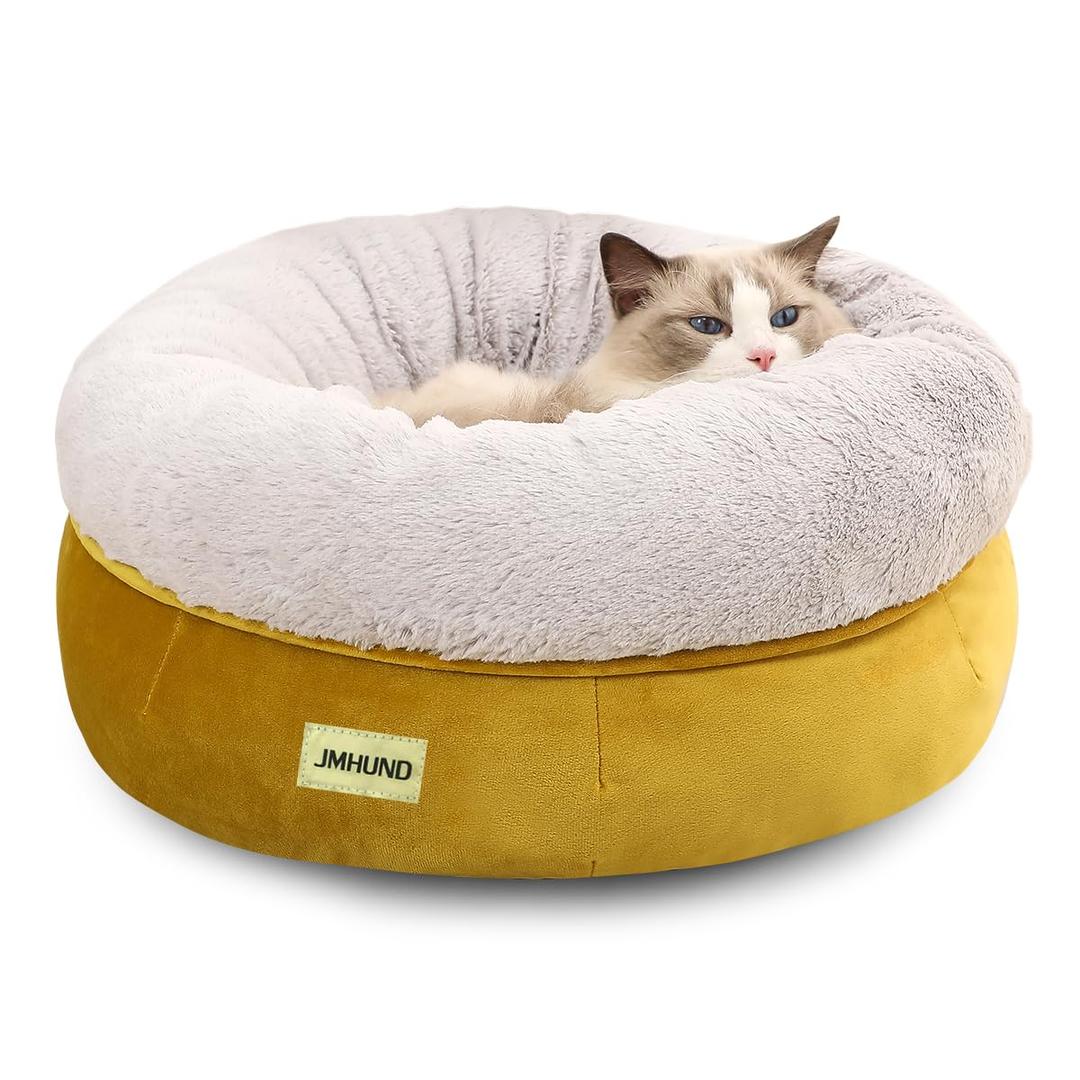 Cat Bed for Indoor Cats,Round Cat Bed for Small Pets,Washable Pet Bed with Non-Skid Bottom,Pet Bed for Puppy and Kitty,19 Inches, Yellow