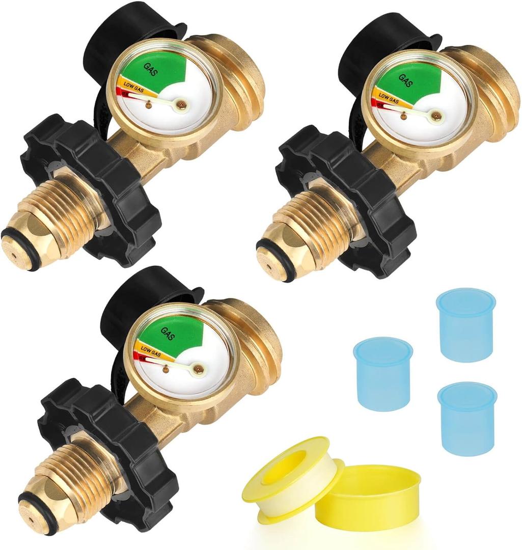 100 lb Propane Tank Adapter, Propane Gauge for 100 lb Propane Tank, Universal Fit Pol to Qcc1 Propane Tank Adapter Converts Pol to Qcc1 / Type 1 - Old to New Connection Type, Solid Brass (3PC)