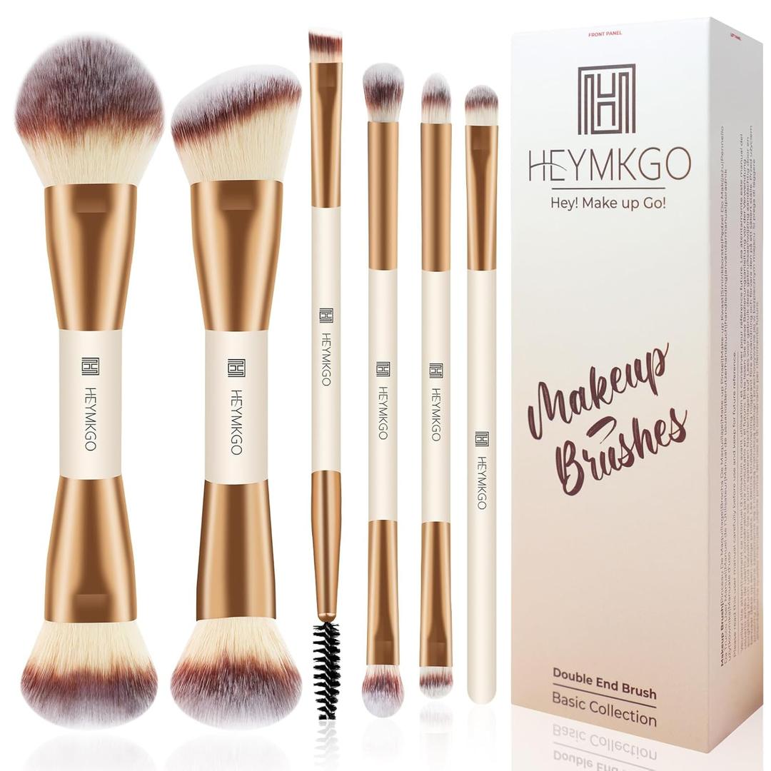 HEYMKGO Makeup Brushes Set, 6Pcs Double-ended Foundation Contour Concealer Powder Eyeshadow Brush for Liquid, Cream, Powder for Blending Buffing Professional Face Brush Set Tools(Apricot)