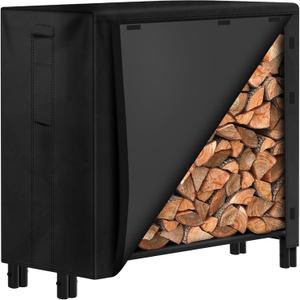 AMAGABELI GARDEN & HOME 4ft Firewood Rack with Cover Outdoor Heavy Duty 600D Oxford Outdoor Firewood Storage Cover Heavy Duty Steel Wood Holder for Patio Combo Set Black