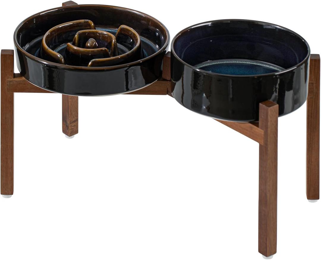 Havniva Ceramic 1.6 Cup Raised Slow Feeder Dog Bowl Set, Elevated 7.3inch Bowl and 8.2inch Dish with Acacia Wood Stand for Medium and Large Dog(2 x Starry Sky+ Stand)
