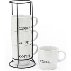 Signature Housewares Stackable Coffee Mug Tower Set with Metal Wire Rack - 15 Ounce Coffee Mugs for Coffee, Tea, Cocoa, Milk, Cappuccino, Hot Chocolate Set of 4 - White Coffee
