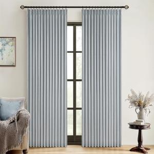 MIULEE Grayish Blue Pinch Pleated 100% Blackout Linen Curtains 102 Inch Length 2 Panels Set, Black Out Memory Trained Pleat Curtains Light Blocking Room Darkening Drapes for Bedroom Living Room Window