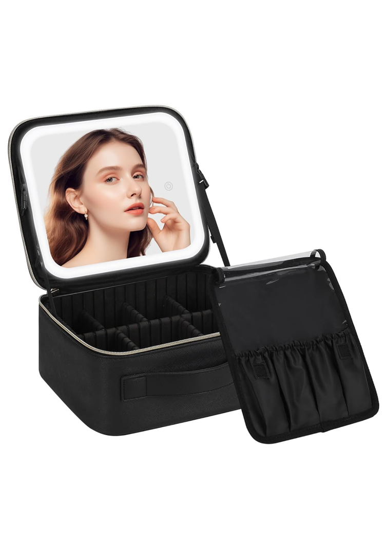 Chomeiu Makeup Bag with LED Mirror, Travel Makeup Case for Women and Makeup Artists Cosmetic Organizer Large Make Up Bags with Light Up Mirror, 3 Color Lights, Adjustable Dividers and Brush Holder Black