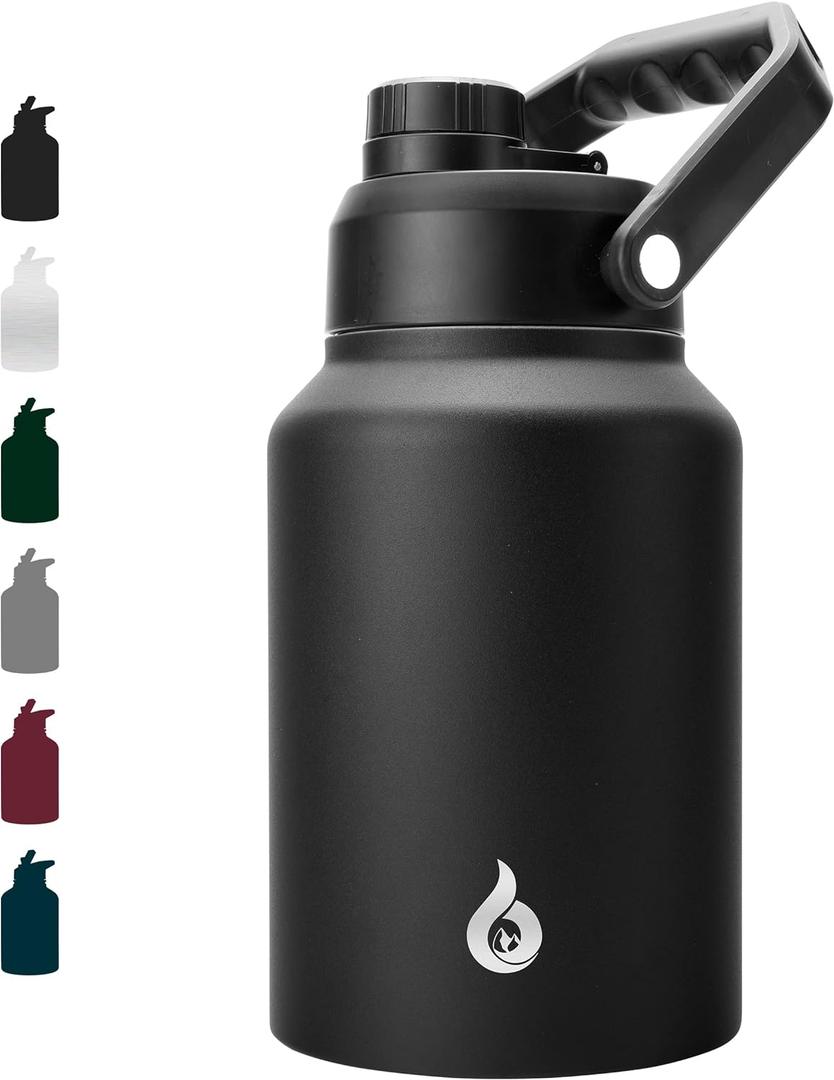 BJPKPK 64 oz Insulated Water Bottle, Dishwasher Safe Half Gallon Water Bottle with Ergonomic Handle, BPA Free Leak Proof Water Jug for Sports, Metal Jug with Anti-slip Bottom, Black