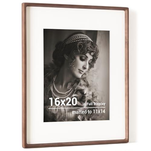16 x 20 Picture Frame, USA-Sourced Walnut Wood Photo Frame with HD Tempered Glass, Handcrafted Rounded Corner 16x20 Wooden Frame Matted to 11x14 Photos, Horizontal or Vertical Wall Display