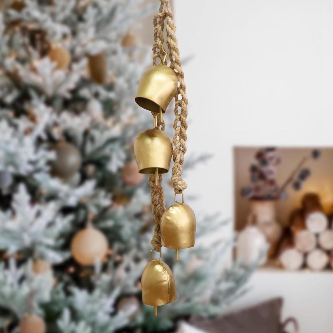 Christmas Bells Vintage Hanging Decorative: Gold Bells Decor with Jute Hanging Rope - Metal Cow Bells Christmas Decor for Christmas Wreath Garland Tree Wedding Party Door Staircase Railings (Glossy Gold - 4 Bells Set)