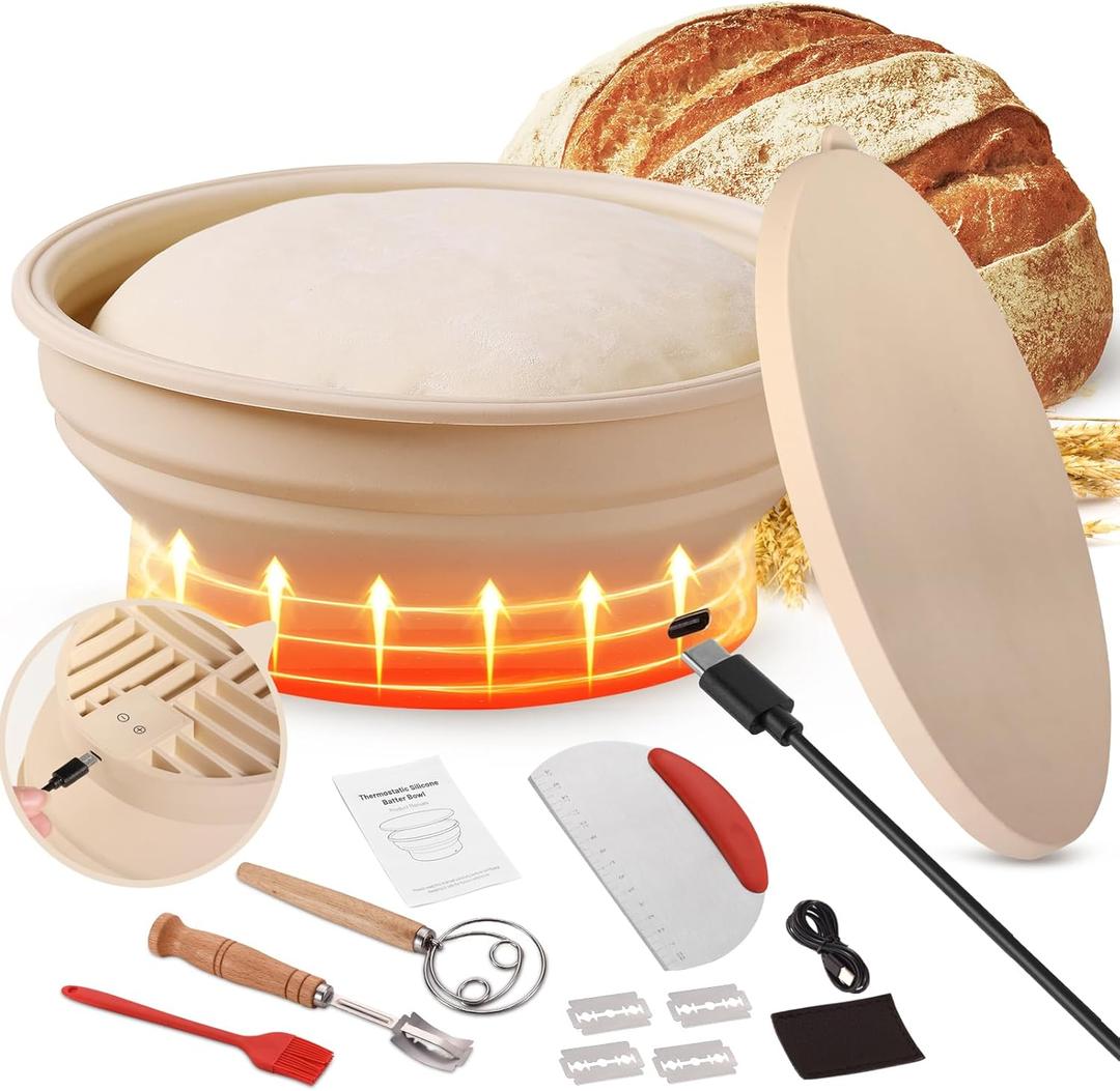 Heating Sourdough Bread Proofing Basket Set, Electric Thermostatic Silicone Batter Bowl, Banneton Baking Supplies, 9 Inch Round Foldable Proofing Bowl, White