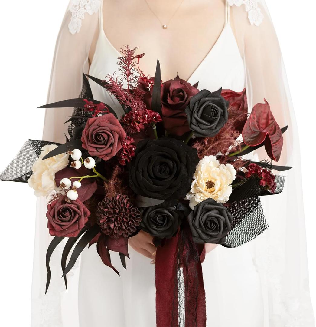 Ling's moment Black and Burgundy Wedding Bouquets for Bride, Gothic Bridal Bouquets for Bride, 13 Inch Free Form Artificial Wedding Flower Bouquet