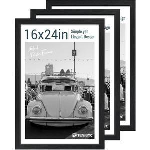 16x24 Poster Frame 3 Pack - Black, Textured Solid Wood Picture Frame, Wall Gallery Photo Frame