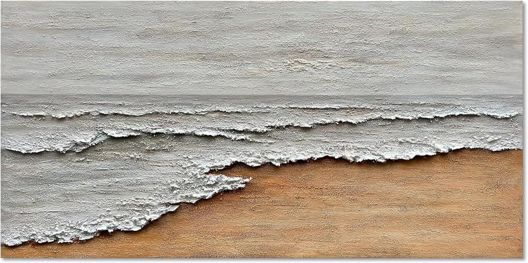 Art Hand-Painted Yellow and White Ocean Beach Landscape Oil Painting Modern Abstract Canvas Art Home Wall Decoration 24x48 inches (Dn169)