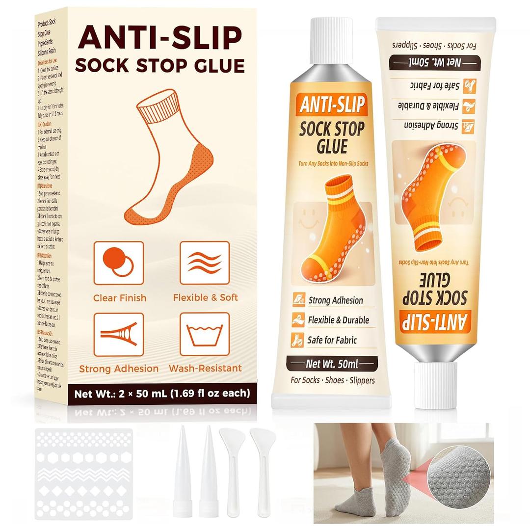 2 x Sock Stop Anti Slip Adhesive 100ml 2 Pack, Water Based Odorless Clear Sock Glue with Precision Tip, Quick Dry Washable Non Slip Grip Coating for Socks, Rugs, Bath Mats, Blankets and Household Fabrics