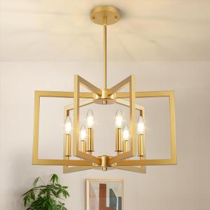 6-Light Gold Chandelier, Farmhouse Dining Room Light Fixture, 21.3in Modern Chandelier, Geometric Industrial Metal Hang Lighting Fixture for Foyer Entryway Kitchen Over Table Hallway Living Room
