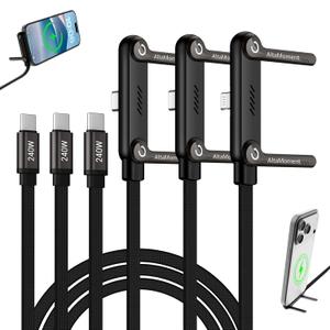 3 Pack Invisible Holder Charger Cable, 240W PD Fast Charging Cable for Desk, USB-C to USB-C & Light-ning Cable 4.9 FT with 360 Adjustable Metal Stand, 2 in 1 Holder Charger for Gaming, Office, Home