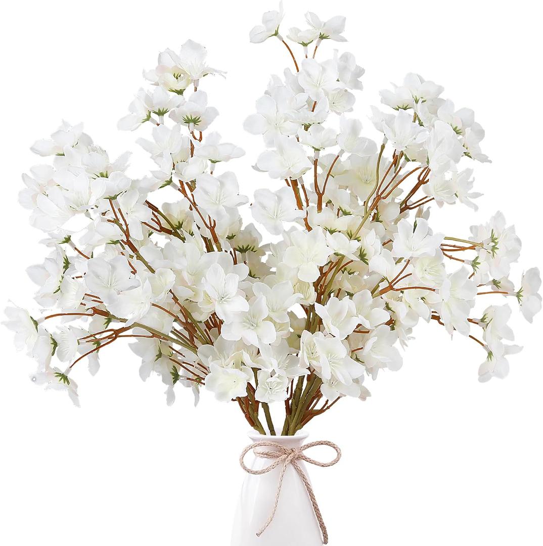 Sggvecsy Artificial Cherry Blossom Flowers 4 Pcs Faux Cherry Blossom Stems Faux Silk Cherry Blossom Branches 15.7 Fake Peach Flowers for Vase Arrangements Home Wedding Table Decor (White)