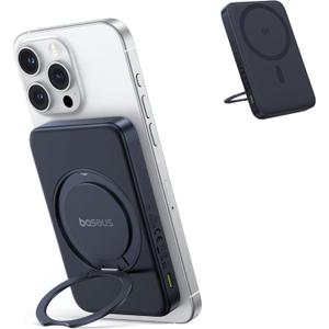 Baseus Qi2 MagSafe Power Bank, Ultra-Slim PicoGo 15W Ultra-Fast Wireless Portable Charger with 360 Rotatable Ring Stand, 5000mAh Magnetic Battery Pack for iPhone 16/15/14/13/12 Series (Black)