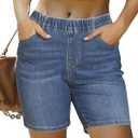 luvamia Jean Shorts for Women Trendy Pull On Mid Rise Elastic Waist Summer Casual Stretchy Long Denim Walking Shorts (Small, Indigo Medium Blue)
