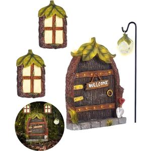 Miniature Fairy Garden Accessories Fairy Door and Windows for Trees, Glow in The Dark Yard Sculpture Lawn Ornament Mini Garden Art Outdoor Decor Accessories with Lantern