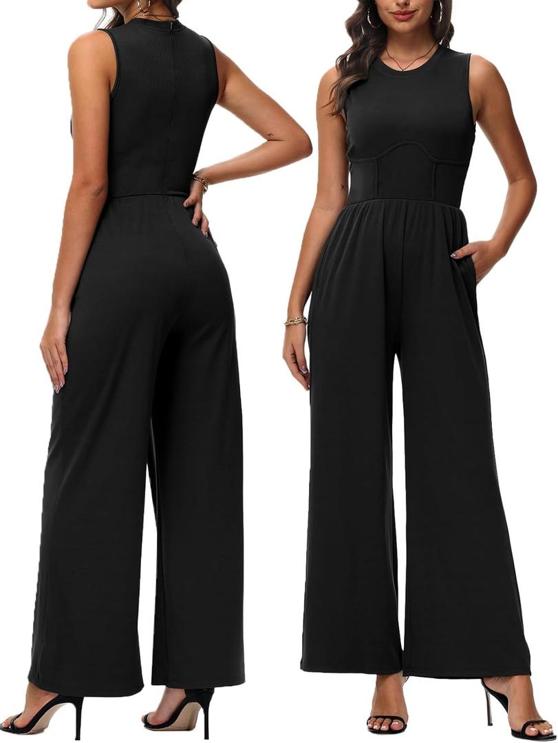 Tanou 2025 Women's Dressy Casual Jumpsuits Sleeveless Tummy Control One Piece Pants Rompers with Pockets (X-Large, Black)