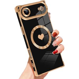 SAKUULO Case for iPhone Air Cute Plating Case[Compatible with Magsafe] for Women Girls Electroplated Heart Soft TPU Shockproof Camera Protection Bumper Cover for iPhone Air 6.5",Black