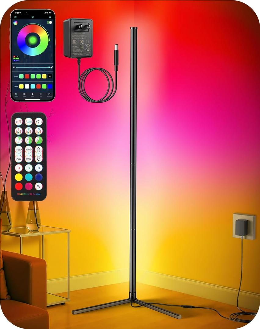 RIYO Corner Floor Lamp, Modern LED Corner Lamp with AC Adapter & APP & Remote Control, 16 Million Colors, 68+ Scene Modes, Music Sync, Ambient Lighting for Living Room, Bedroom, and Gaming Room