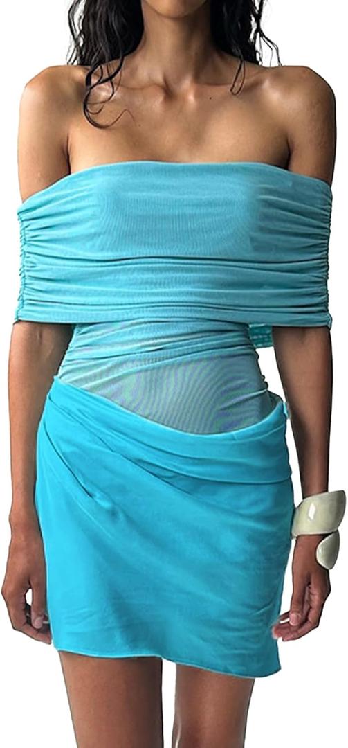 Women Off Shoulder Mini Dress Sheer Mesh Ruched Short Dress Sexy Y2k Dresses Beach Clubwear (Small, Blue)