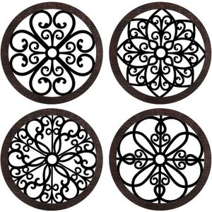 Yulejo 4 Pcs Thicken Rustic Wall Decor Farmhouse Wall Art Wooden Hollow Carved Design Rustic Round Art for Living Room Bedroom Hallway Decor Kitchen (9.8 x 9.8 Inch,Classic Style,Black, Brown)