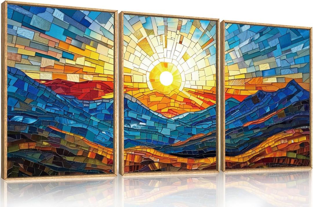 Mountains Framed Canvas Wall Art Set, Modern Abstract Art Painting, Irregular Square Ridge Wall Decor, Sunrise Art Print for Living Room, Bathroom, Bedroom, Office - 16"x24"x3