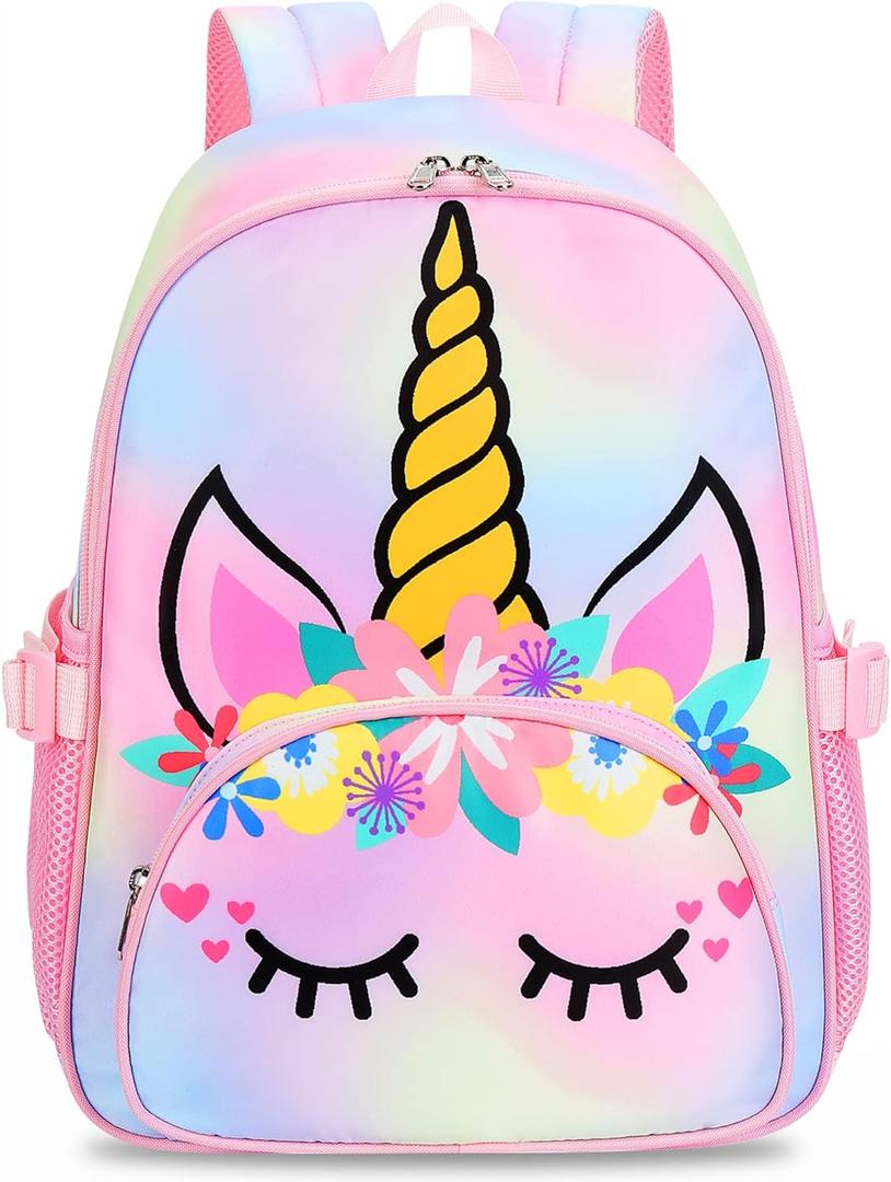 Kids Backpack Girls School Backpack Preschool Kindergarten Unicorn Toddler BookBag with Chest Clip (Tie Dye headband)