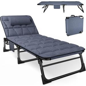 ATORPOK Folding Camping Cot for Adults with Padded Mattress and Pillow, Adjustable Reclining Lounger Sleeping Cot Bed, Ideal for Camping, Travel, Garden, or Office Use, Blue, Single