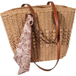 Trifabricy Beach Bags for Women, Summer Straw Bag, Woven Straw Beach Tote Bag Shoulder Handbags (Khaki)