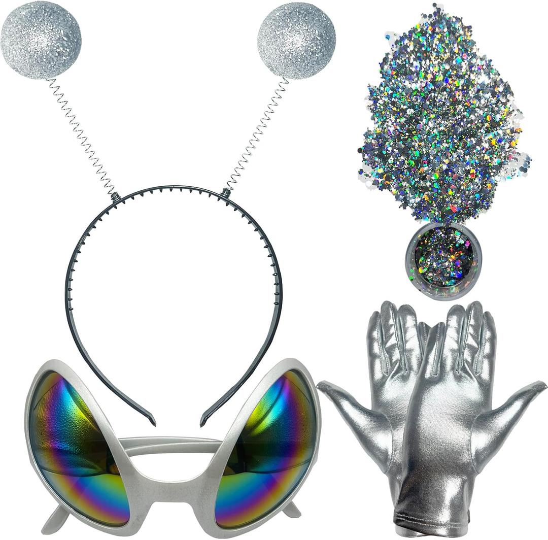 Alien Headband, Alien Costume for Adult Women and Kids, Halloween Accessories: Glasses, Gloves, Holographic Glitter (Silver)