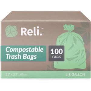 Reli. Compostable 6-8 Gallon Trash Bags | 100 Count | ASTM D6400 | Green | Eco-Friendly | For Compost