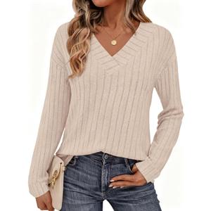 PRETTYGARDEN Fall Fashion 2026 Long Sleeve Shirts for Women Ribbed Knit V Neck Dressy Casual Lightweight Sweaters Tunic Tops (Beige, L)
