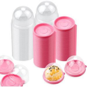 PRALB 100 Set 2.75x2.75x2 inch Mini Cupcake Boxes Clear Plastic Muffin Pod Dome Muffin Single Container Box Wedding Birthday Gifts Supplies for Cheese Pastry Dessert Mooncake (round, pink)