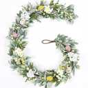 Waipfaru 2Pcs Easter Egg Garland with Lights, 6Ft Spring Garland for Mantle, Easter Table Mantel Decorations, Flower Vine with Lambs Ear for Stairs Fireplace Tree Home Decor