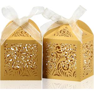 COTOPHER 100Pcs Laser Cut Favor Boxes, 2x2x2.75in Small Gift Boxes for Presents, Party Wedding Favors Boxes with Ribbon, Mini Candy Boxes for Event Bridal Shower Anniversary Birthday Christmas, Gold