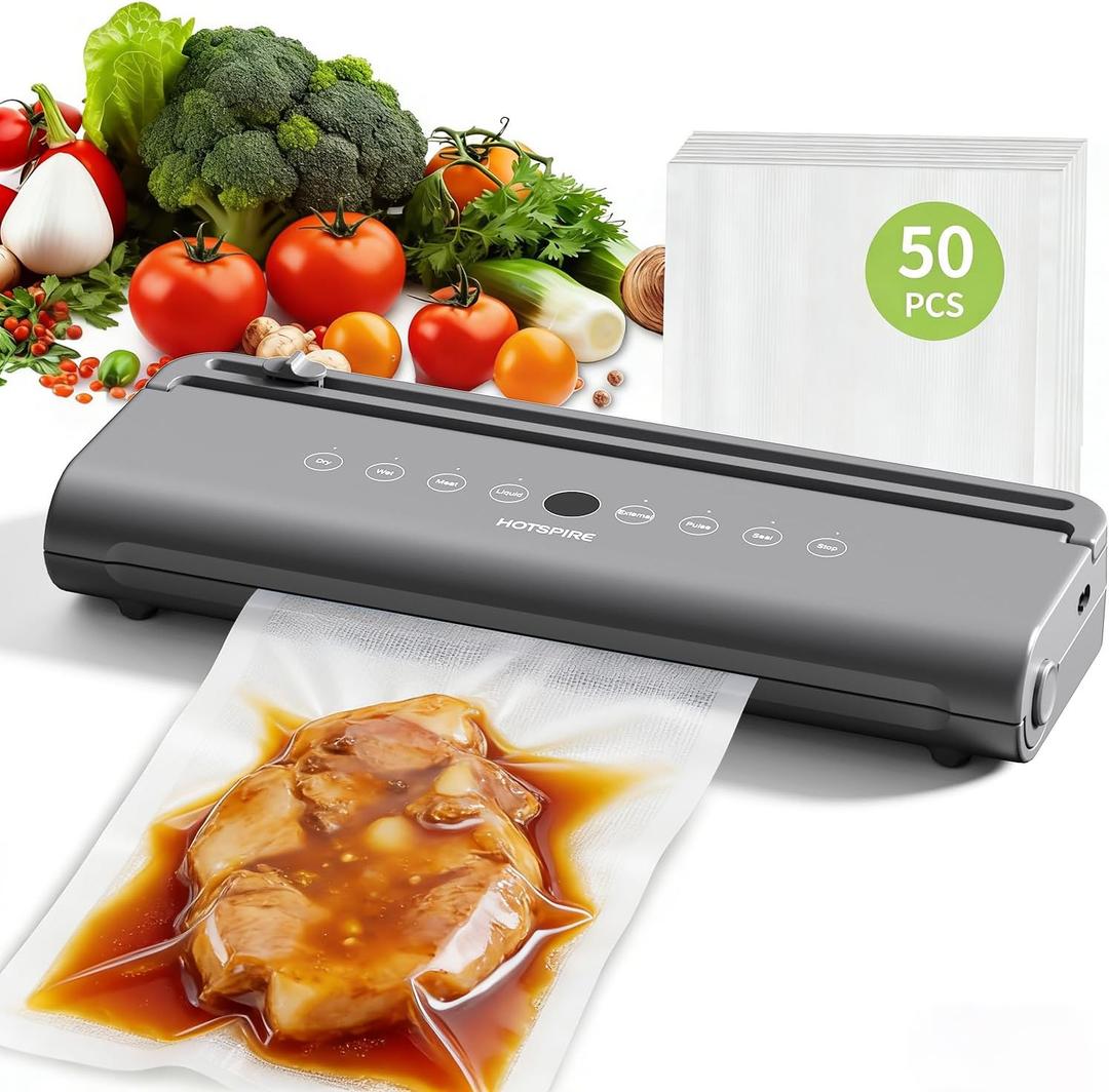 Food Vacuum Sealer Machine, Powerful & Continuous Vacuum Sealing for Kitchen Storage & Meal Prep, Wet & Dry Food Sealing, Detachable Upper & Lower Design for Easy Cleaning, Includes 50 Bags