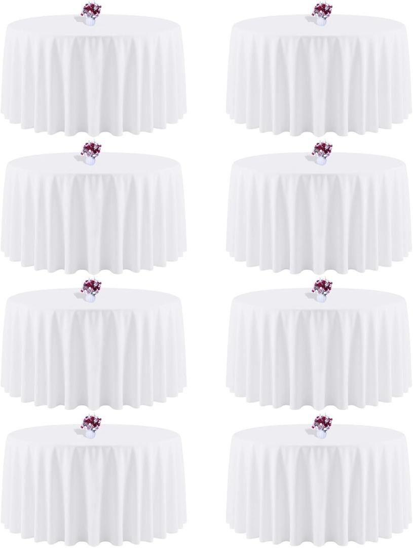 8 Packs 120 Inch White Round Tablecloth in Diameter, Washable Polyester Fabric Tablecloths, Wrinkle Resistant Table Cloth for Wedding Party Banquet Dining