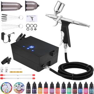 40PSI Airbrush Kit with Air Compressor, Portable Air Brush Kit with 10 AirBrush Paint & 3 Quick-Release Nozzle Sets Dual-Action Gravity Feed Airbrush Kit for Nail Art Painting Makeup Cake