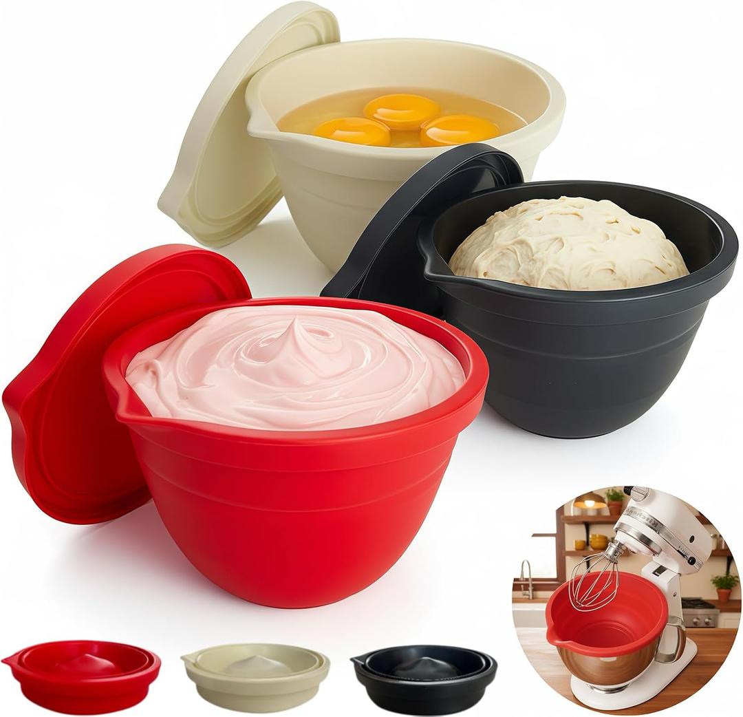 3-Pack Collapsible Silicone Bowl Liners for KitchenAid 5 QT Tilt-Head Stand Mixer Accessories, Reusable Dough Proofing & Food Storage Inserts with Airtight Lids, Space-Saving Kitchen Gadgets