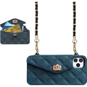 UnnFiko Wallet Phone Case Compatible with iPhone 17 Pro, Cute Light Luxury Bag Design, Purse Flip Card Pouch Cover Soft Silicone Case with Handstrap Long Shoulder Strap (Dark Green, iPhone 17 Pro)