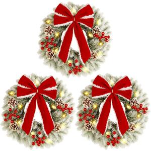 ATDAWN 3 Pcs Mini Christmas Wreath, 15 Inch Outdoor Lighted Christmas Wreath for Front Door, Xmas Wreath for Holiday Christmas Party Decorations