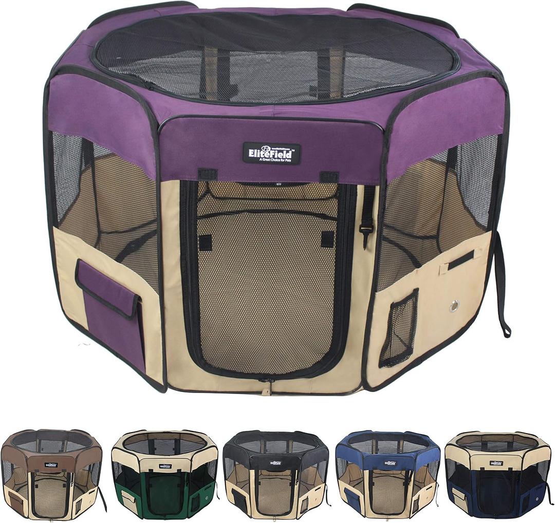 EliteField 2-Door Soft Pet Playpen, Exercise Pen, Multiple Sizes and Colors Available for Dogs, Cats and Other Pets (62" x 62" x 36"H, Purple+Beige)