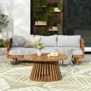 Merax Outdoor Acacia Wood Conversation Set, 3-Seat Loveseat Sofa w/Coushion and Round Coffee Table for Backyard, Patio Furniture, Teak+Light Gray