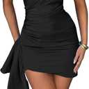 Memoriesea Women's One Shoulder Ruched Bodycon Sleeveless Mini Club Party Dress (Black, Large)
